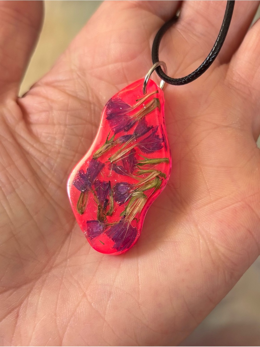 Neon Pink Resin Pendant Necklace with Pressed Purple Flowers